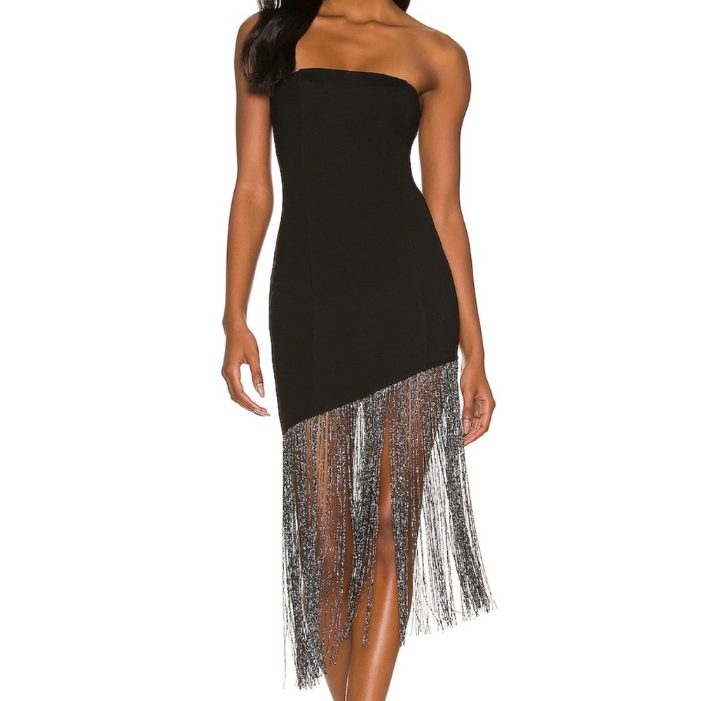 Superdown Cleo Strapless Black Dress with Fringe